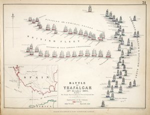 Mapa da Batalha de Trafalgar, publicado por William Blackwood and Sons, Edimburgo e Londres, 1848 (gravura colorida à mão)